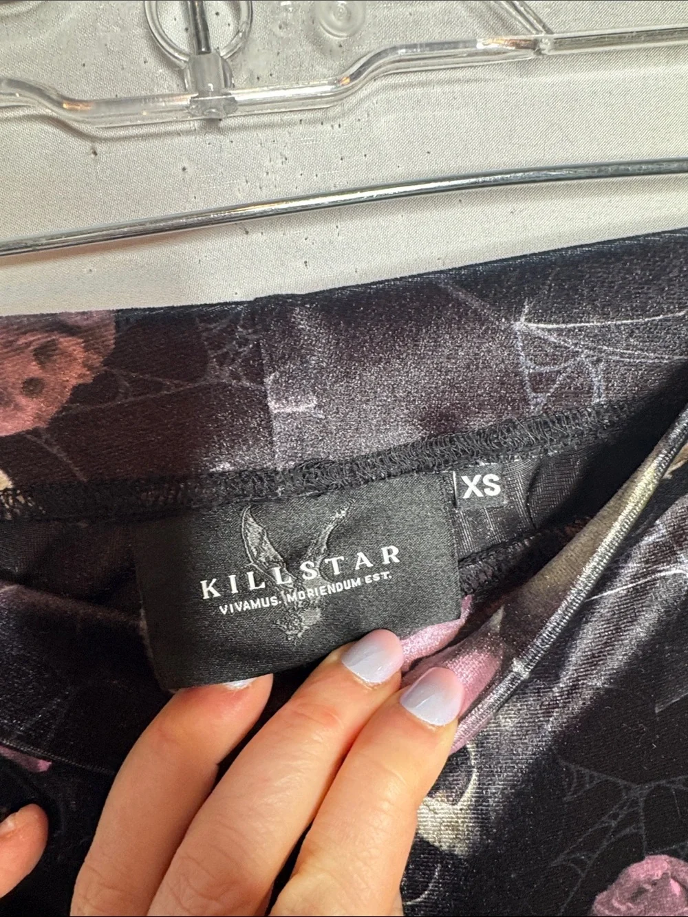 Killstar Black Velvet Moondance Skull & Pink Rose Flare Pants. Size XSmall.